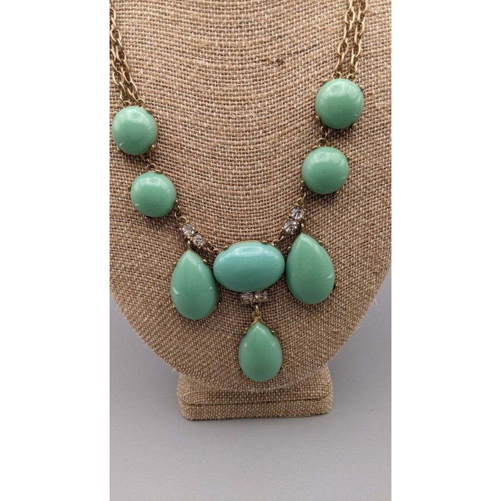Bib Necklace Gold Tone Pale Blue Green Cabochon Rhinestones Statement 20"